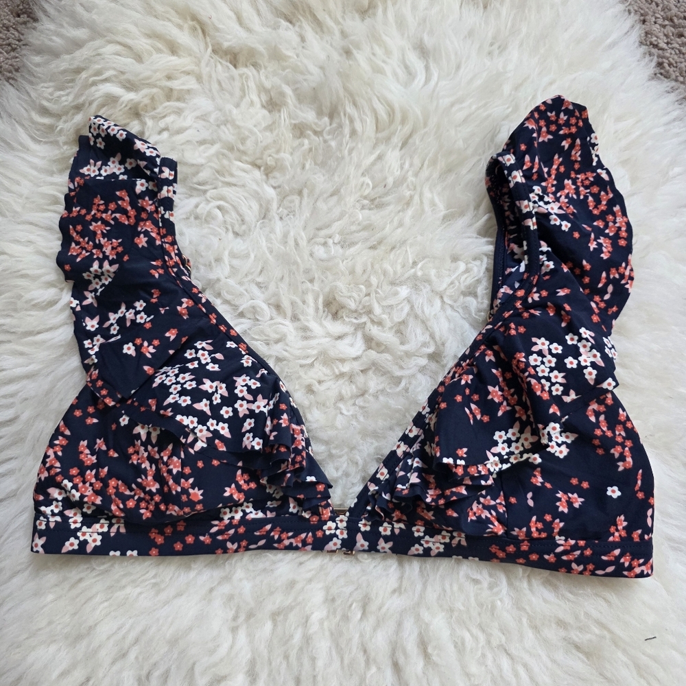 Michael Kors Navy Floral Ruffle Strap Bikini Top Size XS BS140